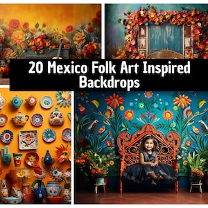 20 Digital Mexican Folk Art Inspired Backdrops for Photography & Events, Backdrops for party, travel inspiration, invitations, studio photos