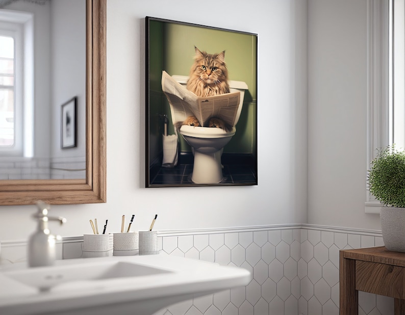 Funny Cat & Ghost Bathroom Wall Art – Cute Halloween Decor For Bathroom, Vintage Style Canvas Print 8x10 Inches Framed - View #9