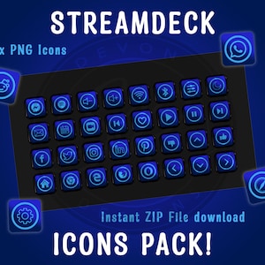 Puede incluir: Un conjunto de 80 iconos azules y blancos para Stream Deck, un software de streaming popular. Los iconos están dispuestos en una cuadrícula sobre un fondo negro. El texto "STREAMDECK" está en la parte superior de la imagen, y el texto "ICONS PACK!" está en la parte inferior. El texto "Descarga instantánea de archivo ZIP" está en el medio de la imagen.
