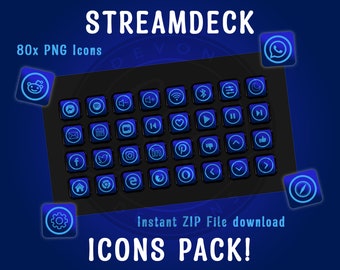 May include: A set of 80 blue and white icons for Stream Deck, a popular streaming software. The icons are arranged in a grid on a black background. The text "STREAMDECK" is at the top of the image, and the text "ICONS PACK!" is at the bottom. The text "Instant ZIP File download" is in the middle of the image.