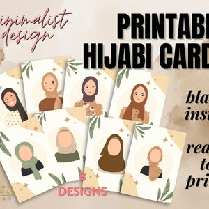 Cartões muçulmanos minimalistas Hijabi. IMPRIMÍVEL. Download digital. Em branco por dentro. 8 designs diferentes.
