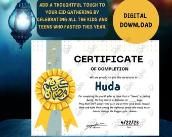 May include: A printable certificate of completion for Ramadan fasting, featuring a yellow and gold star with Arabic text, a blue and white background with a pattern of hands, and the text "Certificate of Completion". The certificate is for Huda and is dated 4/22/23.