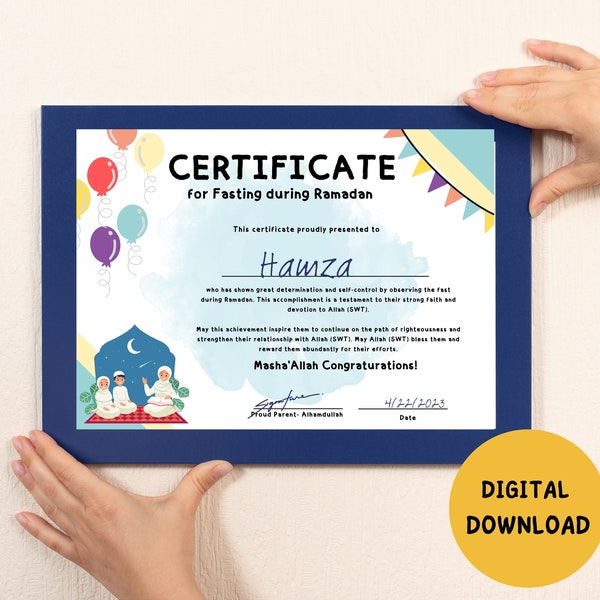 Certificate of Fasting- PRINTABLE ART. Ramadan Certificate, First Ramadan fasting