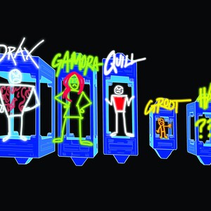 May include: A digital illustration of five characters from the Guardians of the Galaxy movie. The characters are in blue frames with their names written above them. The characters are Drax, Gamora, Quill, Groot, and Rocket. The background is black.