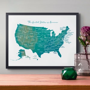 Teal United States Map Print - States and Capitals - USA Poster, Printable Educational Wall Art, DIGITAL DOWNLOAD