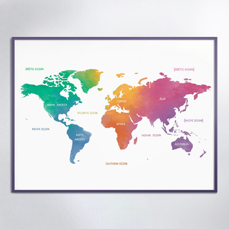 Rainbow World Map Print - World Poster, Printable Educational Wall Art ...