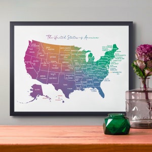 Impresión de mapas de Estados Unidos del arco iris - Cartel de EE. UU., Arte de pared educativo imprimible, DESCARGA DIGITAL
