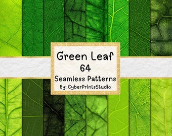 Green Leaf Texture Digital Paper Bundle - 64 Seamless Watercolor Leaf Patterns for Nature Junk Journals, Botanical Backgrounds, Scrapbooking