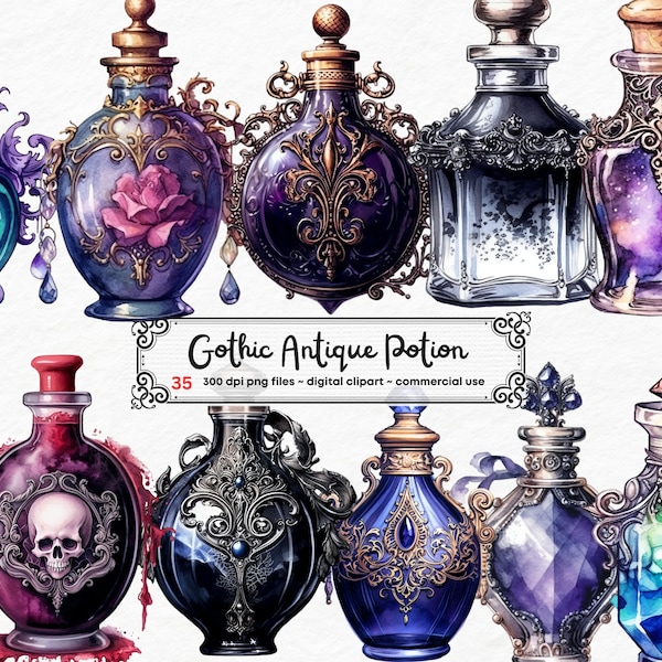 Watercolor Potions Clipart - Gothic watercolor  potion bottles in PNG format instant download for commercial use