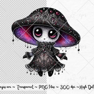 May include: A whimsical illustration of a mushroom-shaped character with a black and purple hat, wearing a black lace dress with a jeweled necklace. The character has large, expressive eyes and a delicate, feminine appearance.