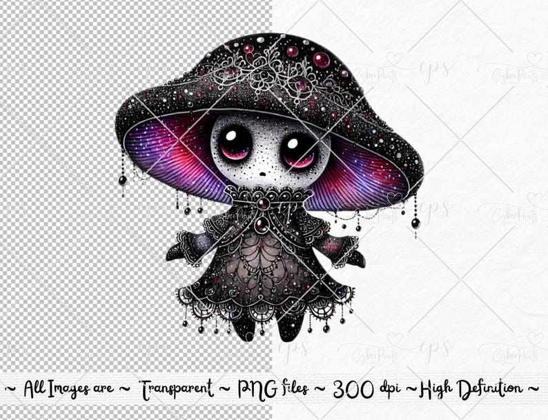 May include: A whimsical illustration of a mushroom-shaped character with a black and purple hat, wearing a black lace dress with a jeweled necklace. The character has large, expressive eyes and a delicate, feminine appearance.