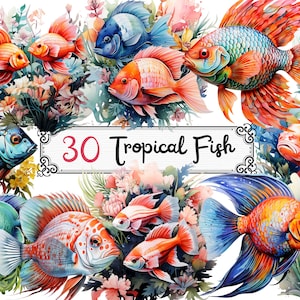 Watercolor Tropical Fish Clipart - ocean seascape coral reefs, beach scene PNG format instant download for commercial use