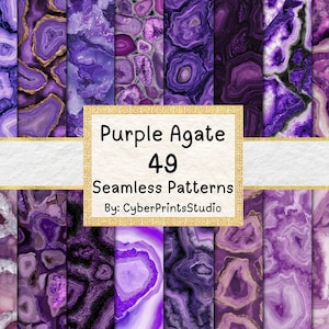 May include: A selection of 49 seamless patterns displaying purple agate stone designs. The patterns vary in shade and texture, with some featuring gold detailing. The image includes the text "Purple Agate 49 Seamless Patterns". The patterns are suitable for various design applications.