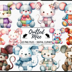 Könnte beinhalten: Ein Set mit 13 digitalen Clipart-Bildern von gesteppten Mäusen. Die Mäuse sind in verschiedenen Posen und haben unterschiedliche Patchwork-Designs. Die Bilder sind im PNG-Format und perfekt für Bastelprojekte, Scrapbooking und mehr.