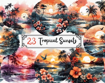 Watercolor Tropical Sunsets Clipart Wall art, digital graphics, beach landscape for commercial use instant download commercial use