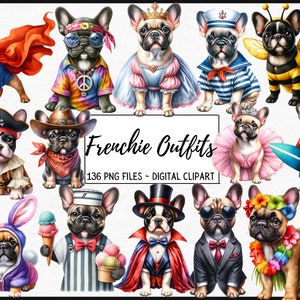 Aquarell Französische Bulldogge PNG, Frenchie, süße Welpen-Outfits, gekleidete Hunde, Pirat, Biene, Zauberer, Baby, Kinderzimmerkunst, Sublimation, Junk-Tagebuch