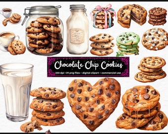 CHOCOLATE CHIP COOKIE Clipart Bundle Png Sweets - Watercolor - Baking - Transparent Digital Downloads for Commercial Use, Craft, Decor