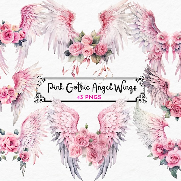 Gothic Floral Angel Wings Clipart, Watercolor clipart, Feather wings png, Fantasy Wings Clipart, Heaven Clipart, Digital Download
