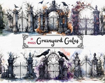Watercolor Graveyard Gates, Graveyard Clipart, Spoky Gates, Creepy Gates, Floral Gates, Instant Download, For commercial use,