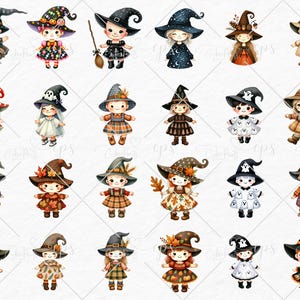 May include: A set of 20 digital illustrations of cute witches wearing various costumes and hats. The witches are all in different poses and have different expressions. The illustrations are perfect for use in scrapbooking, card making, and other craft projects.