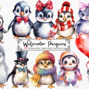 Imágenes prediseñadas de pingüino de acuarela, imágenes prediseñadas de pingüino, corazón de pingüino png, imágenes prediseñadas de acuarela, pingüino de invierno, bufanda, pingüino lindo, Navidad.