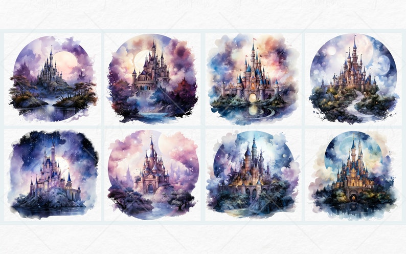 Aquarel Fantasy Castles Clipart - fantasy kasteel nacht landschap landschappen PNG formaat instant download voor commercieel gebruik afbeelding 4