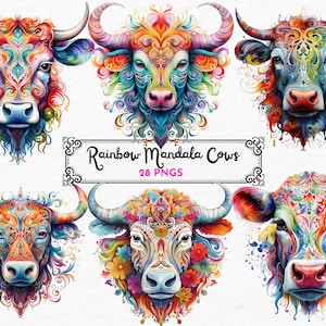 Mucca Mandala arcobaleno, Arte intricata, Animale mistico, Design Mandala, Arredamento mistico, Clipart, Spirituale, download istantaneo