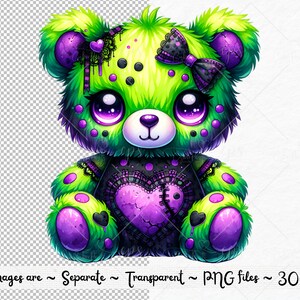 May include: A green and purple plush teddy bear with a black heart and a black bow. The bear has a stitched heart on its chest and a black lace collar.