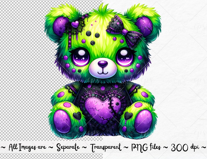 May include: A green and purple plush teddy bear with a black heart and a black bow. The bear has a stitched heart on its chest and a black lace collar.
