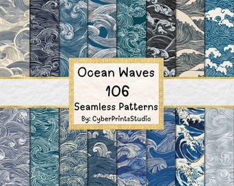 Ocean Wave Seamless Patterns Bundle - 106 Japanese Style Blue Ocean Water Textures, Nautical Sea Clipart, Printable JPG Backgrounds