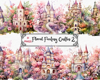 Aquarell Blumen Fantasy Burgen Clipart - Fantasy Burg Nacht Landschaft Landschaften PNG format sofortiger Download für kommerzielle Nutzung