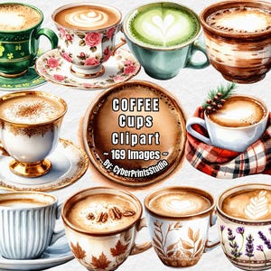 Pacchetto di clipart di tazze da caffè ad acquerello - 169 illustrazioni PNG di tazze e tazzine da tè per Latte Art, bevande autunnali, adesivi stampabili, diari spazzatura
