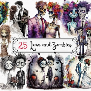 Puede incluir: Un conjunto de 25 ilustraciones digitales de parejas, con novias y novios zombies en varias poses. Las ilustraciones son de estilo de dibujos animados con una estética oscura y caprichosa. El texto "25 Love and Zombies" se muestra en una pancarta en la parte superior de la imagen.