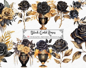 Watercolor Black Gold Roses Clipart - Roses in PNG format instant download for commercial use, Rose Vase, Rose scrapbooking