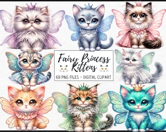 Fairy Princess Kittens Watercolor Clipart png, cute kitten png, Baby Kitten Clipart Kitten clip art Junk Journal commercial use scrapbooking