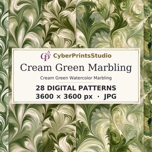 May include: A collection of 28 digital patterns featuring cream and green watercolor marbling designs. The central text reads CyberPrintsStudio, Cream Green Marbling, Cream Green Watercolor Marbling, 28 DIGITAL PATTERNS, 3600 x 3600 px, JPG.