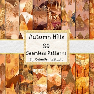 Autumn Hills Digital Paper Bundle – 89 Seamless Watercolor Mountain Patterns with Fall Trees, Gold Leaves, and Layered Nature Textures