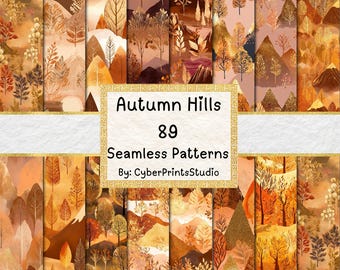 Autumn Hills Digital Paper Bundle – 89 Seamless Watercolor Mountain Patterns with Fall Trees, Gold Leaves, and Layered Nature Textures
