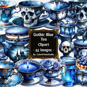 Clipart di tè blu gotico: 55 PNG acquerellati con teschi, tazze da tè blu, rose, macaron, crostatine di cristallo, tazze per candele, fiocchi e scatole di latta gotiche
