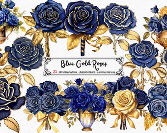 Watercolor Blue Gold Roses Clipart - Roses in PNG format instant download for commercial use, Rose Vase, Rose scrapbooking