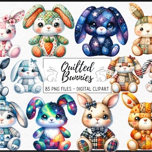 Può includere: Un set di 12 immagini clipart digitali che presentano adorabili coniglietti in patchwork in varie pose e schemi di colori. I coniglietti indossano tutti diversi motivi e colori, tra cui blu, verde, rosso, giallo e rosa. Il testo "Quilted Bunnies" e "85 PNG Files - Digital Clipart" è incluso nell'immagine.