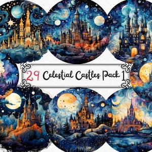 Fantasy Castles Clipart - Moonlit Castles, Celestial, fantasy castle night scenery landscapes PNG format instant download for commercial use