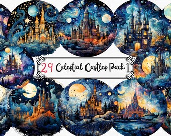 Fantasy Castles Clipart - Moonlit Castles, Celestial, fantasy castle night scenery landscapes PNG format instant download for commercial use