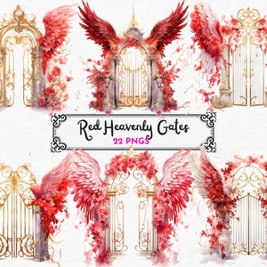 Watercolor Red Heavenly Gates Clipart - ethereal doors, fantasy heaven watercolor PNG format instant download for commercial use
