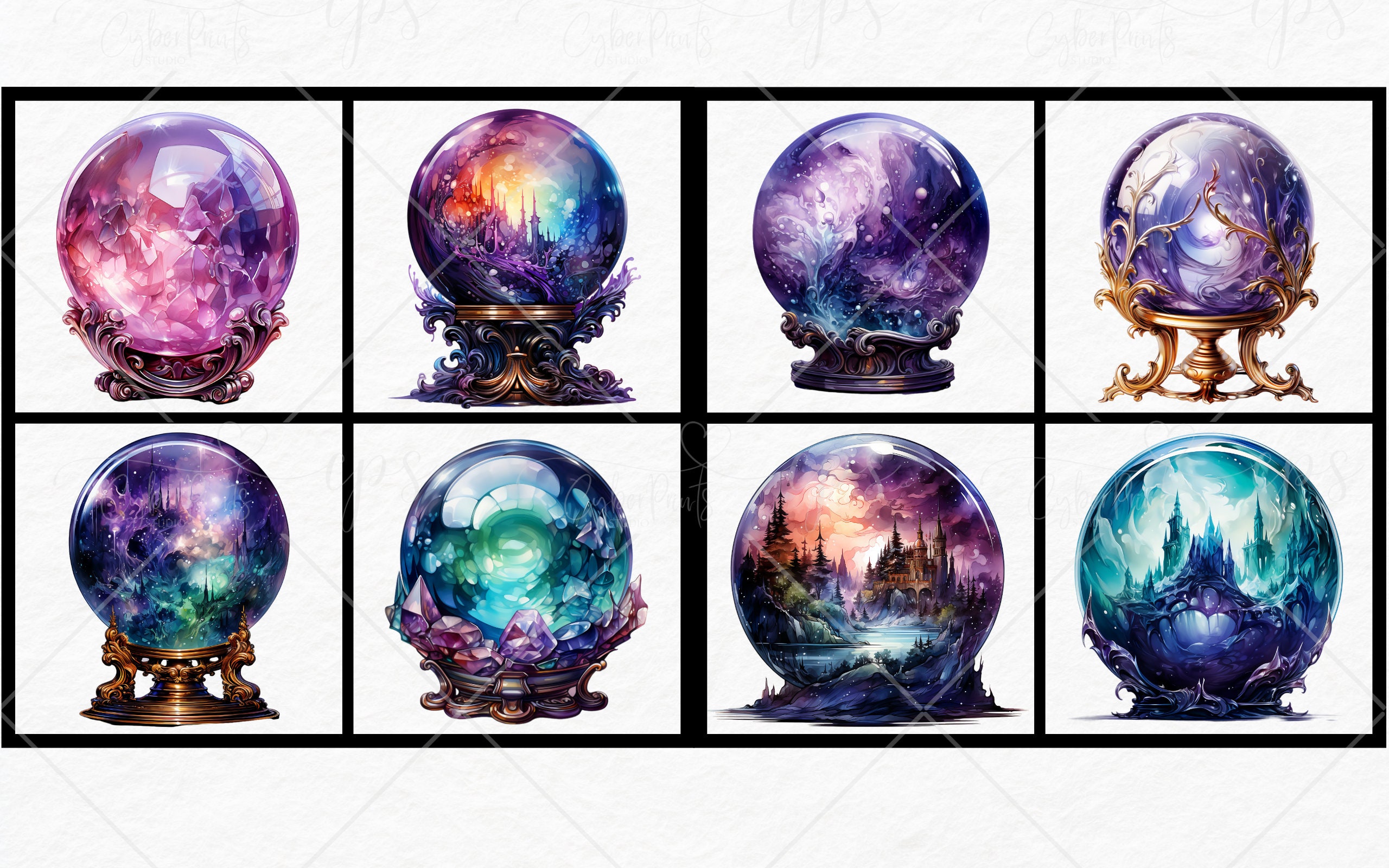 Watercolor Crystal Balls Clipart - Fantasy Magic Celestial Watercolor