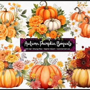 Watercolor Floral Pumpkin Bouquets Clipart - Autumn Watercolor in PNG ...