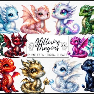 Paquete de imágenes prediseñadas de dragones bebés brillantes - ilustraciones de fantasía, libro de cuentos lindo, PNG, descarga digital instantánea, uso comercial, scrapbooking