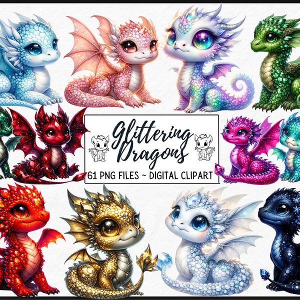 Glittering Baby Dragons Clipart Bundle - Fantasy Illustrations, Cute Storybook, PNG, Instant Digital Download, Commercial Use, Scrapbooking