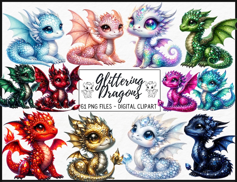 Pu&ograve; includere: Un set di 10 immagini clipart digitali di draghi scintillanti in vari colori, tra cui blu, rosa, verde, rosso, oro, bianco e nero. Le immagini sono perfette per progetti di artigianato, scrapbooking e design digitale.