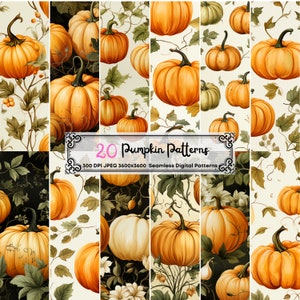 Puede incluir: 20 patrones digitales de calabaza sin costuras en una variedad de colores y estilos. Los patrones presentan calabazas, hojas y enredaderas. Los patrones son perfectos para manualidades de otoño, scrapbooking y otros proyectos creativos.